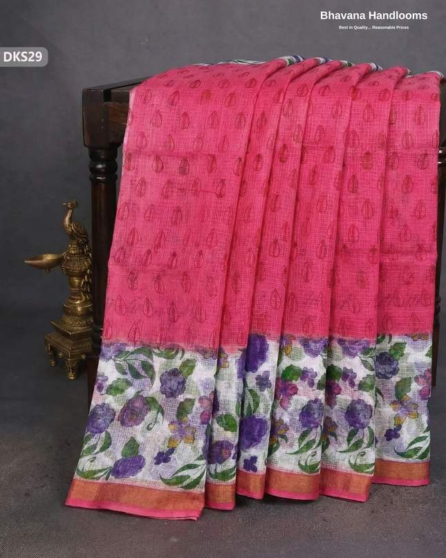 Pure 120 Count Cotton Kota Saree with Digital Print | Pink Printed Saree