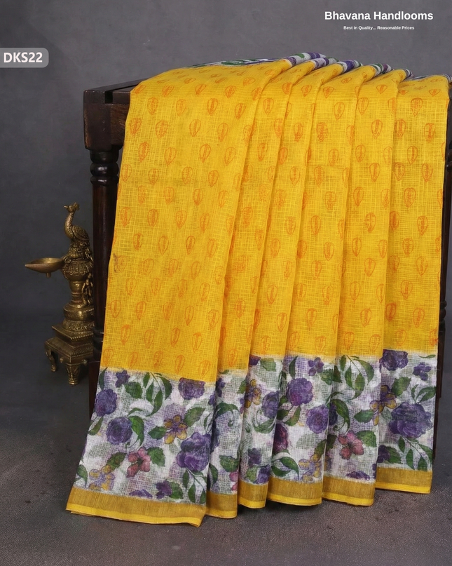 Pure 120 Count Cotton Kota Saree with Digital Print | Yellow Printed Saree