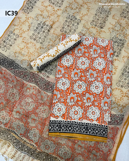 Premium Jaipur Cotton Dress Material with Soft Kota Dupatta with Orange Red Colour Top