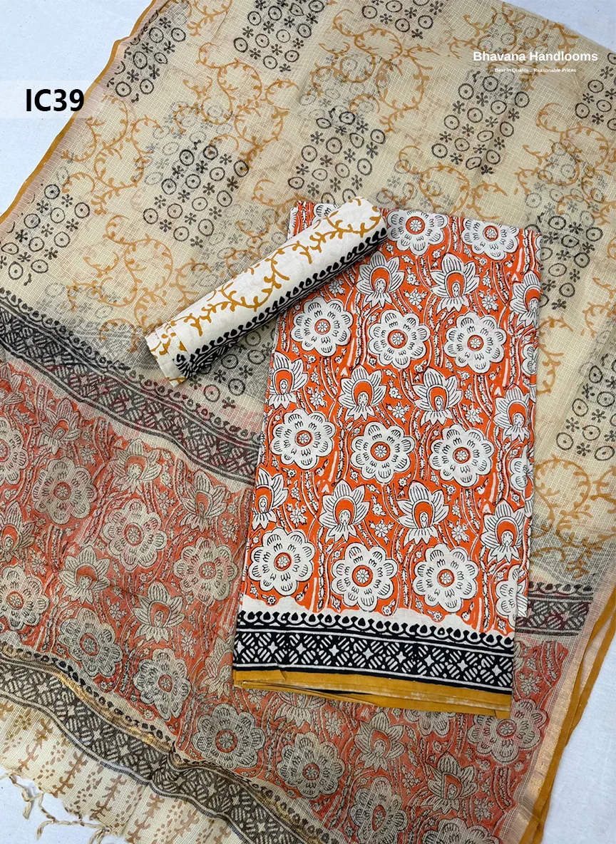 Premium Jaipur Cotton Dress Material with Soft Kota Dupatta with Orange Red Colour Top