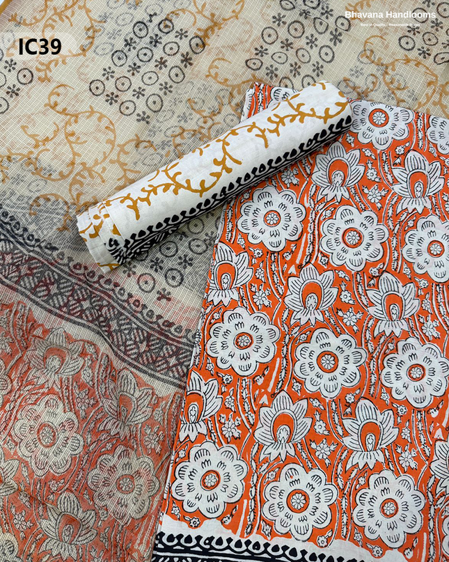 Premium Jaipur Cotton Dress Material with Soft Kota Dupatta with Orange Red Colour Top