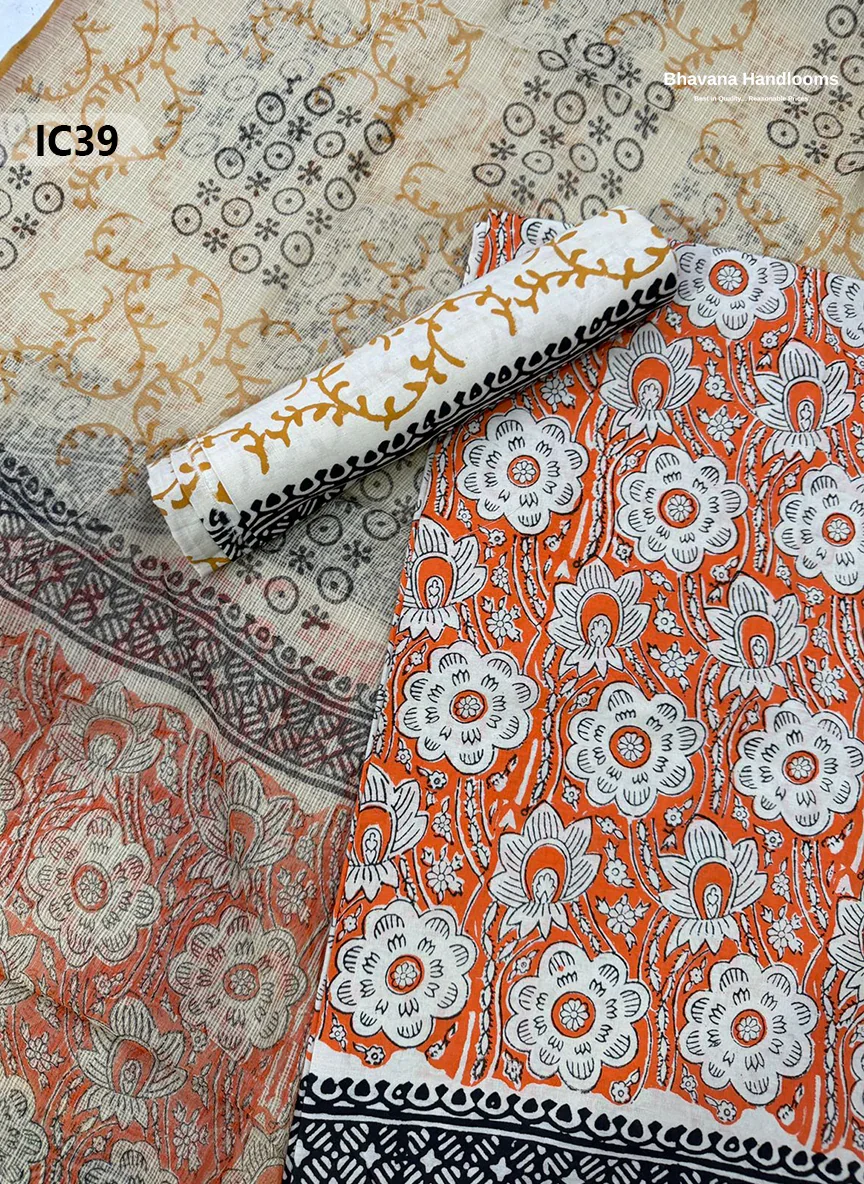 Premium Jaipur Cotton Dress Material with Soft Kota Dupatta with Orange Red Colour Top