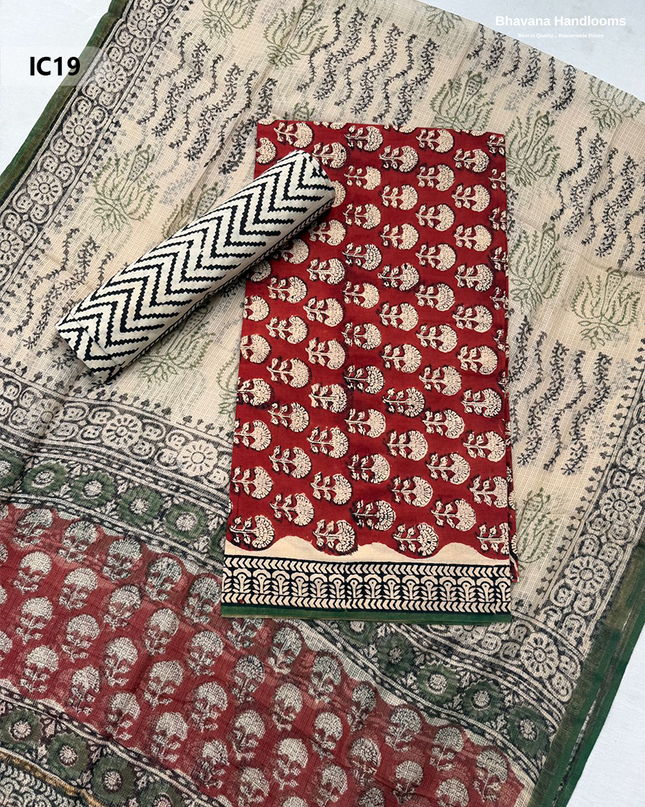 Premium Jaipur Cotton Dress Material with Soft Kota Dupatta with Red Colour Top