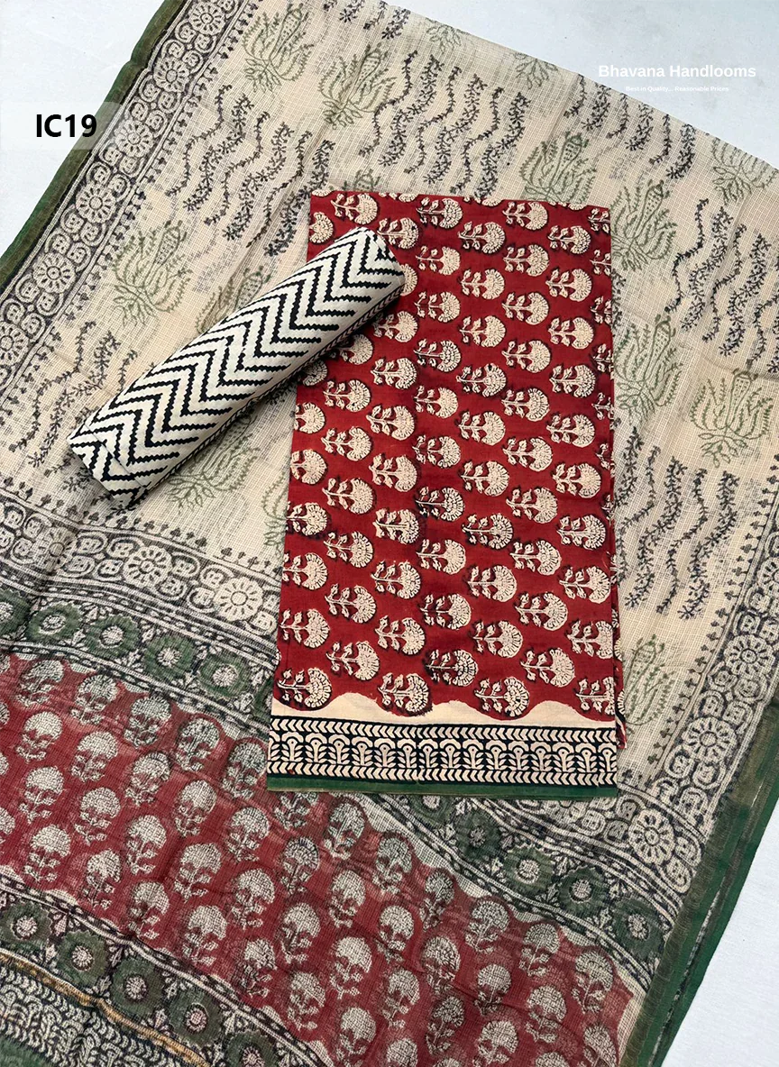 Premium Jaipur Cotton Dress Material with Soft Kota Dupatta with Red Colour Top