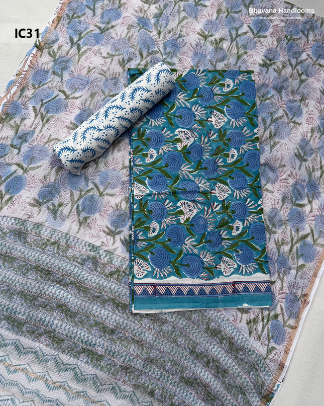 Premium Jaipur Cotton Dress Material with Soft Kota Dupatta with Greenish Blue Colour Top