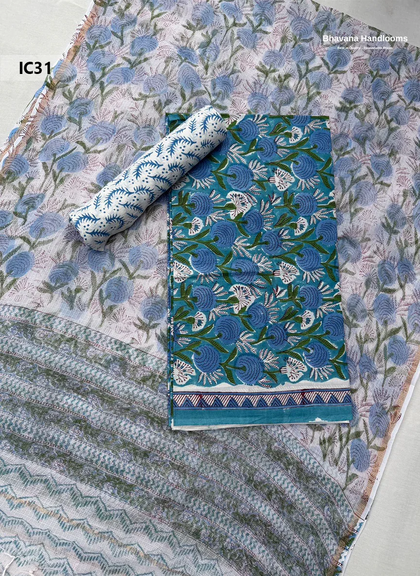 Premium Jaipur Cotton Dress Material with Soft Kota Dupatta with Greenish Blue Colour Top