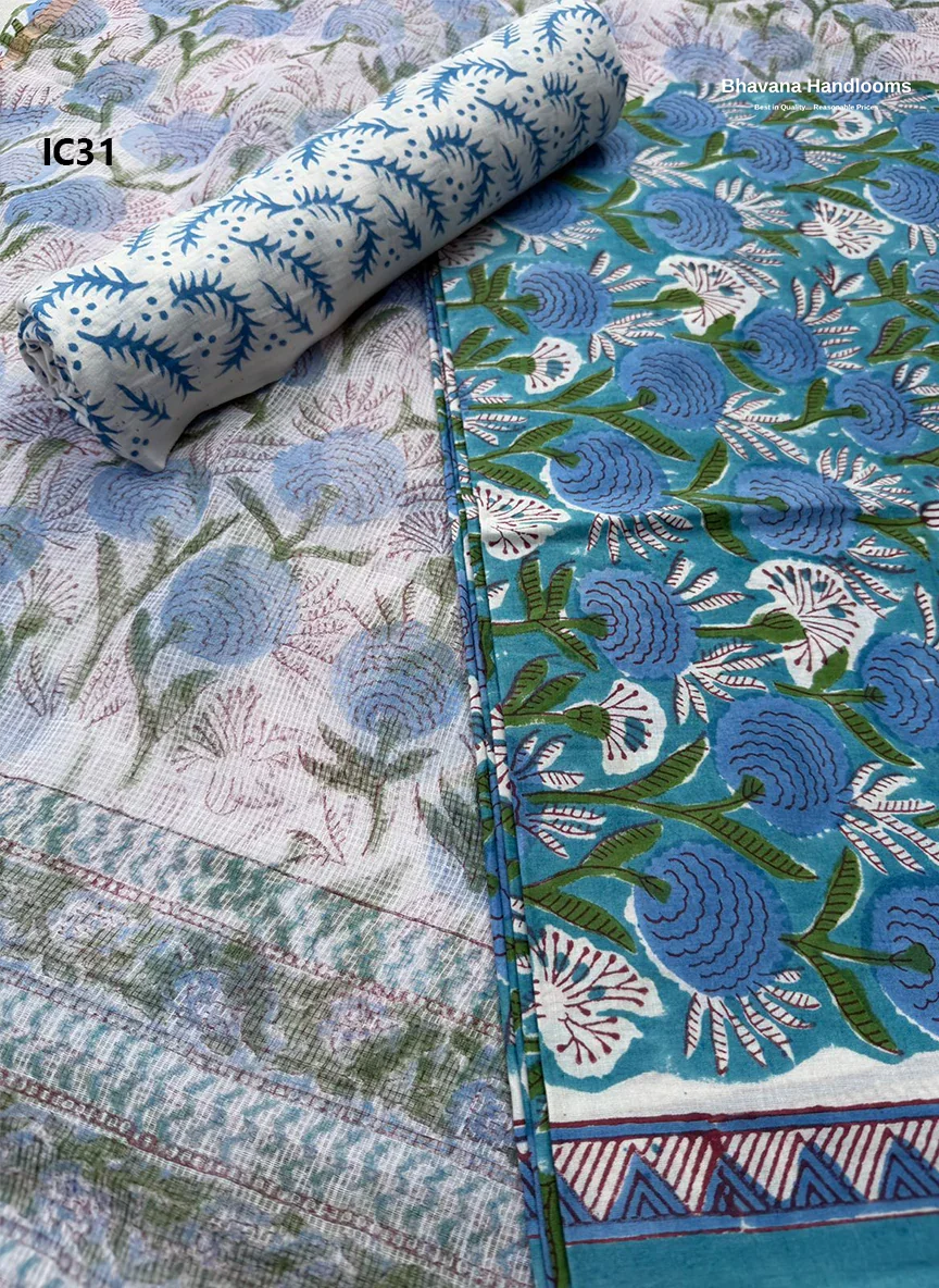 Premium Jaipur Cotton Dress Material with Soft Kota Dupatta with Greenish Blue Colour Top