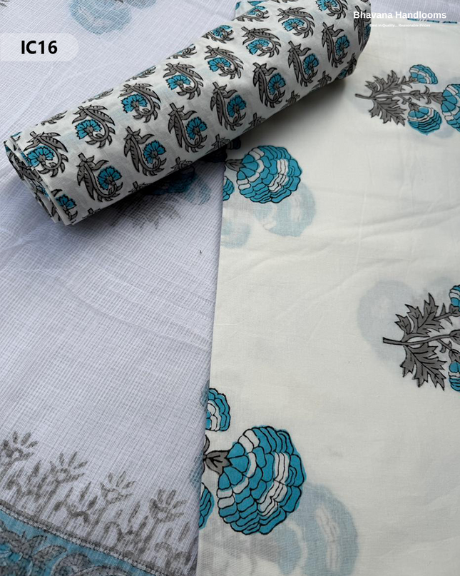 Premium Jaipur Cotton Dress Material with Soft Kota Dupatta White Colour