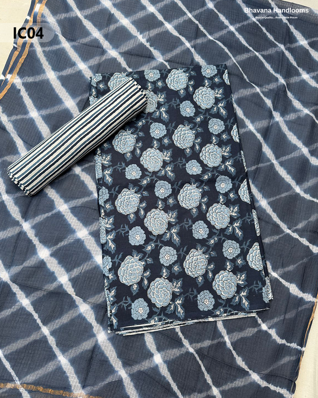 Premium Jaipur Cotton Dress Material with Soft Kota Dupatta with Tealish Blue Colour Top