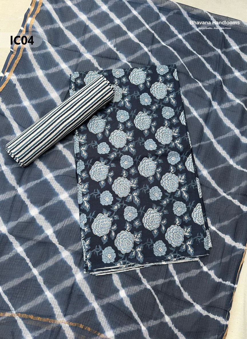 Premium Jaipur Cotton Dress Material with Soft Kota Dupatta with Tealish Blue Colour Top