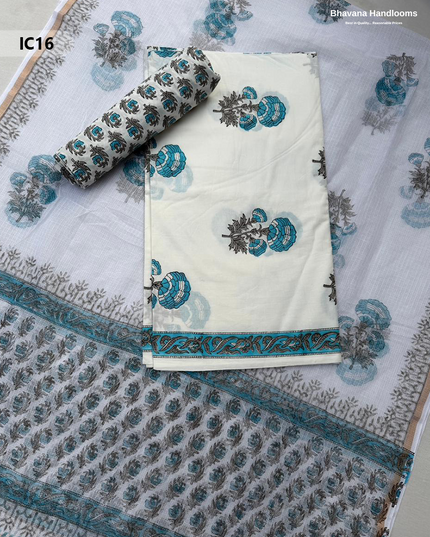 Premium Jaipur Cotton Dress Material with Soft Kota Dupatta White Colour