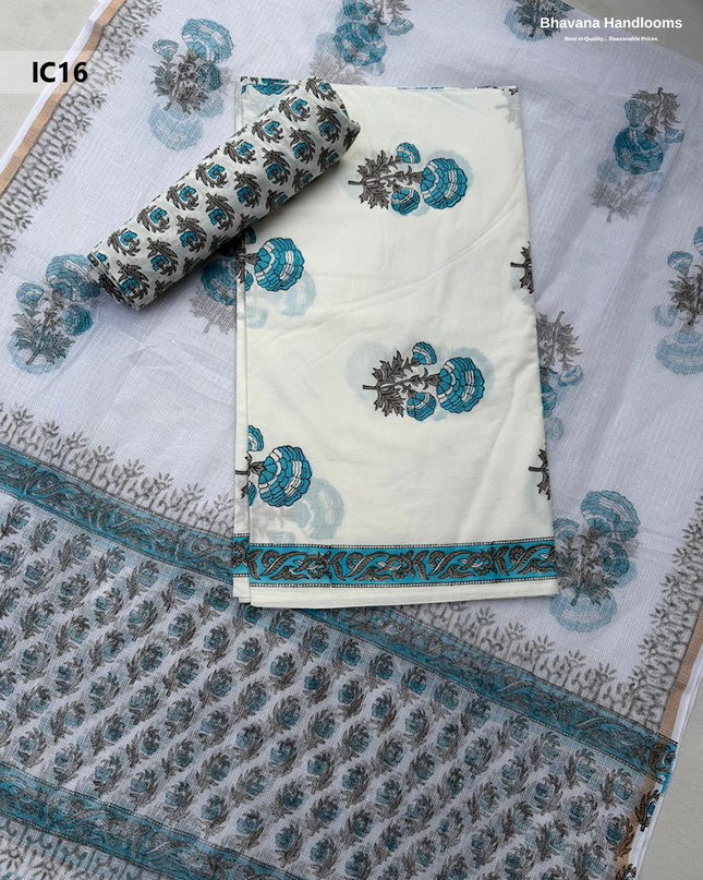 Premium Jaipur Cotton Dress Material with Soft Kota Dupatta White Colour