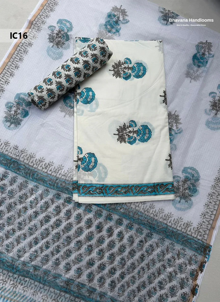 Premium Jaipur Cotton Dress Material with Soft Kota Dupatta White Colour