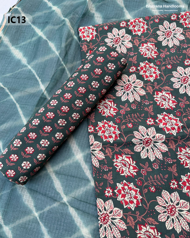 Premium Jaipur Cotton Dress Material with Soft Kota Dupatta with Charcoal Grey Colour Top