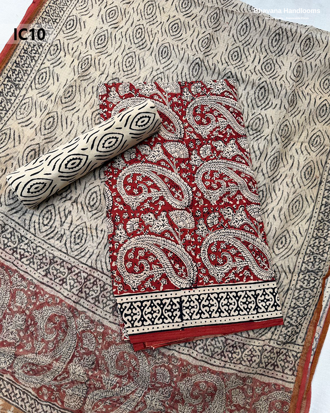 Premium Jaipur Cotton Dress Material with Soft Kota Dupatta with Red Colour Top