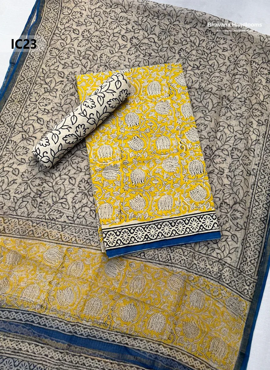Premium Jaipur Cotton Dress Material with Soft Kota Dupatta with Yellow Colour Top