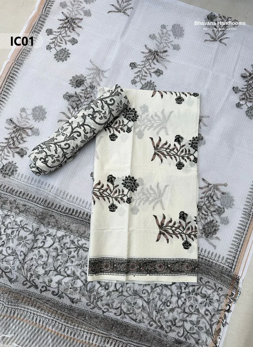 Premium Jaipur Cotton Dress Material with Soft Kota Dupatta with White Colour Top