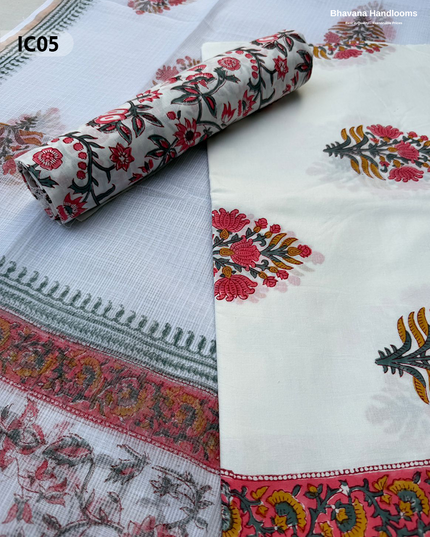 Premium Jaipur Cotton Dress Material with Soft Kota Dupatta with White and Red Colour Top