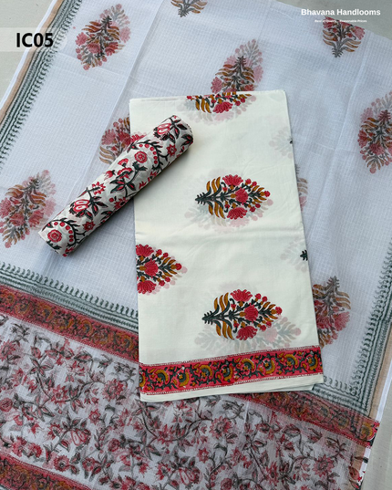 Premium Jaipur Cotton Dress Material with Soft Kota Dupatta with White and Red Colour Top
