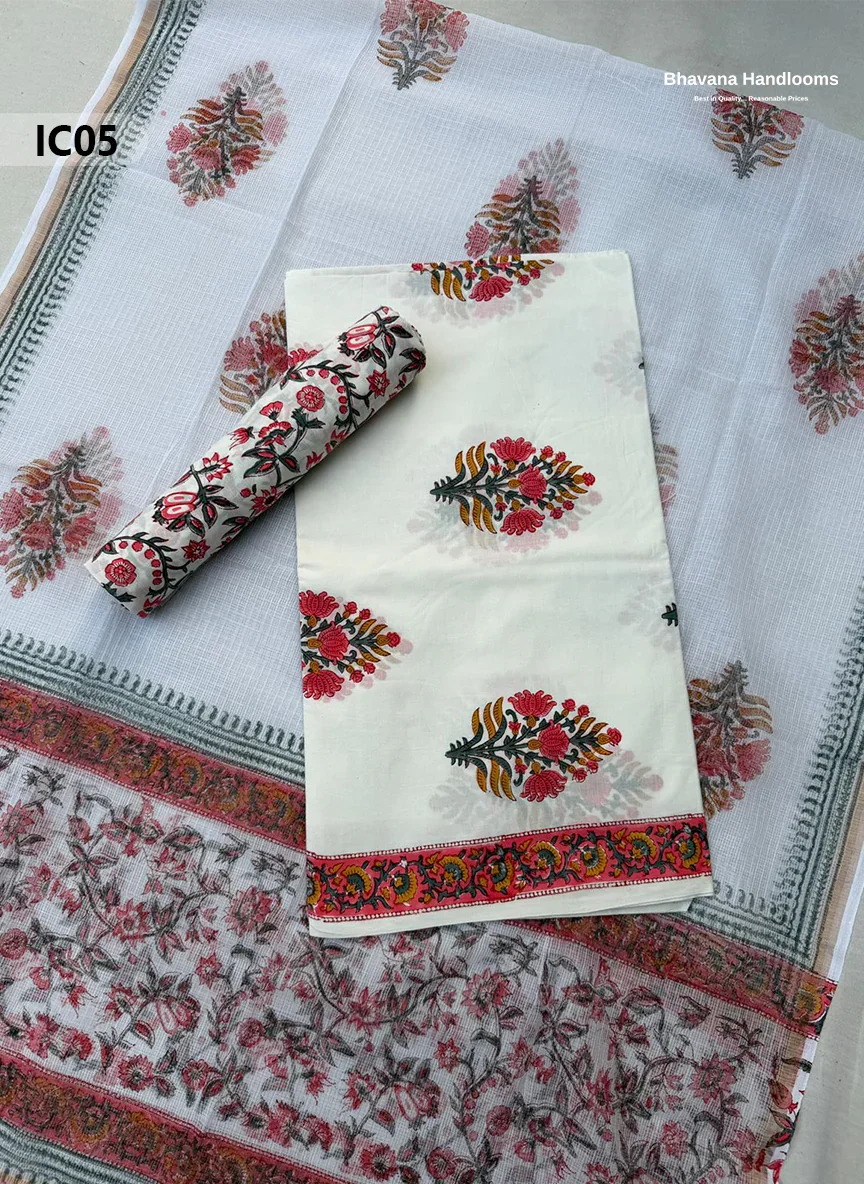 Premium Jaipur Cotton Dress Material with Soft Kota Dupatta with White and Red Colour Top