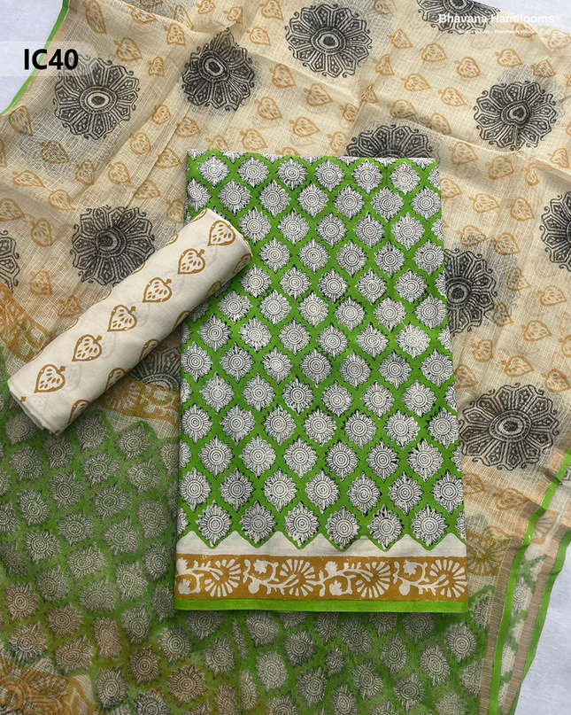 Premium Jaipur Cotton Dress Material with Soft Kota Dupatta with Green Colour Top