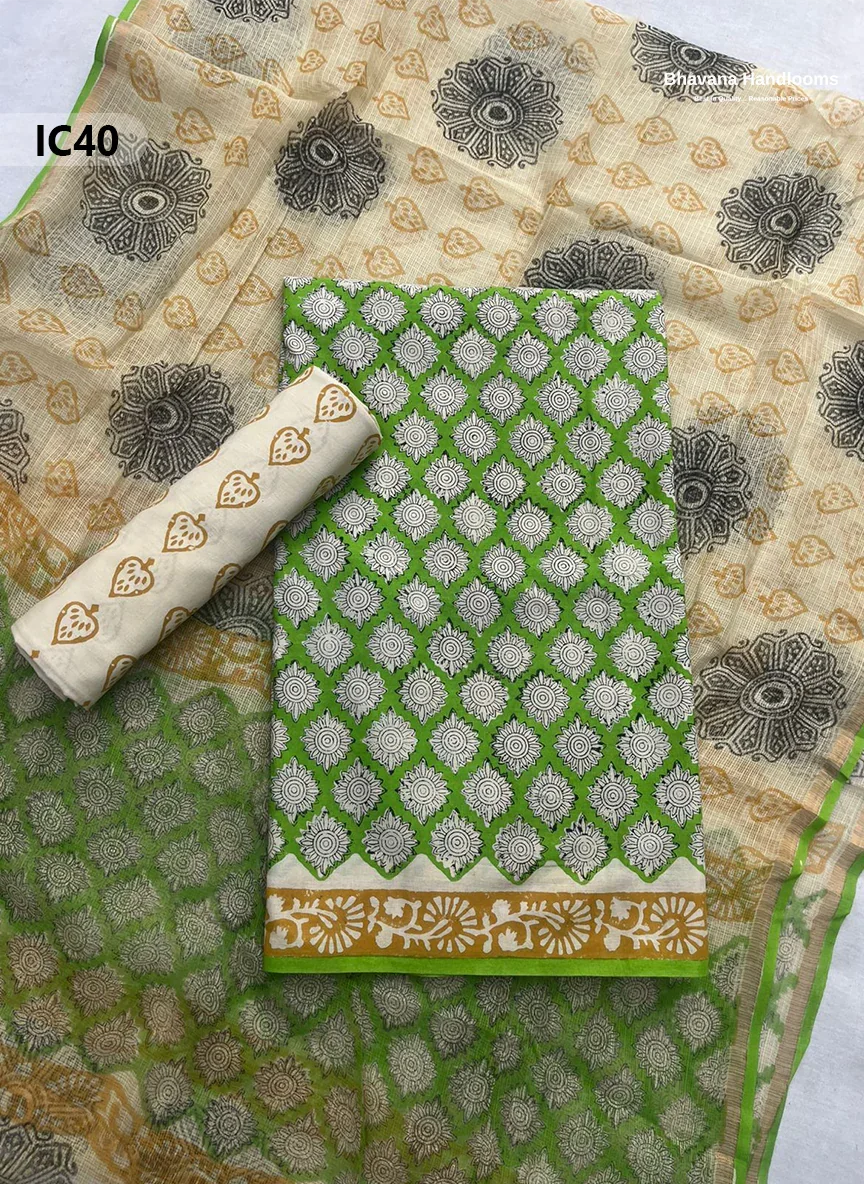 Premium Jaipur Cotton Dress Material with Soft Kota Dupatta with Green Colour Top