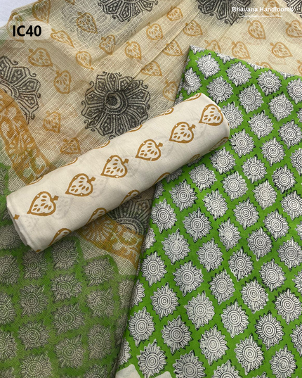 Premium Jaipur Cotton Dress Material with Soft Kota Dupatta with Green Colour Top