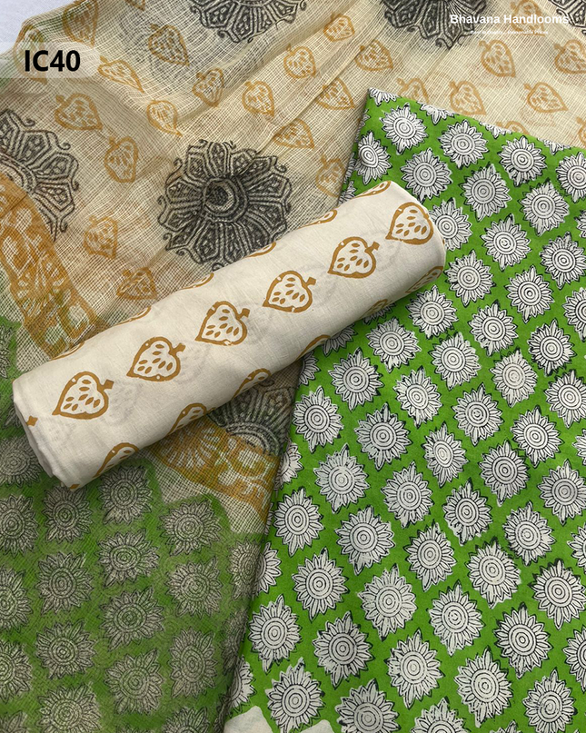 Premium Jaipur Cotton Dress Material with Soft Kota Dupatta with Green Colour Top