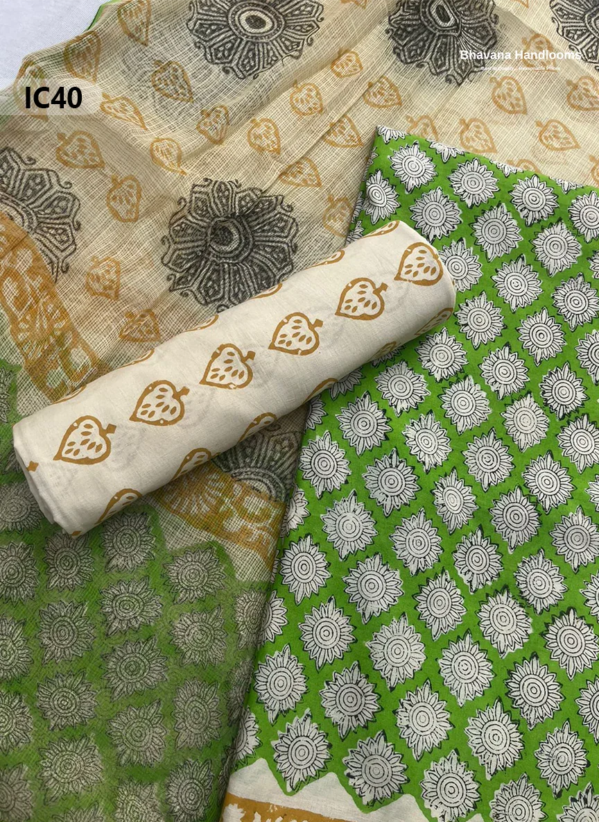 Premium Jaipur Cotton Dress Material with Soft Kota Dupatta with Green Colour Top