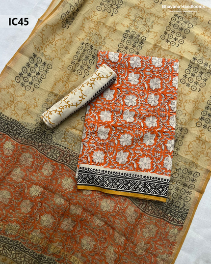 Premium Jaipur Cotton Dress Material with Soft Kota Dupatta with Orange Colour Top