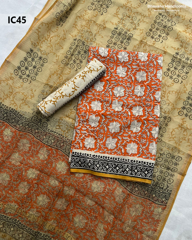 Premium Jaipur Cotton Dress Material with Soft Kota Dupatta with Orange Colour Top