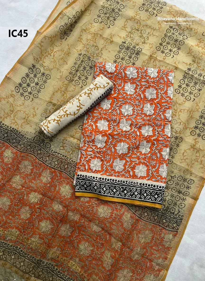 Premium Jaipur Cotton Dress Material with Soft Kota Dupatta with Orange Colour Top