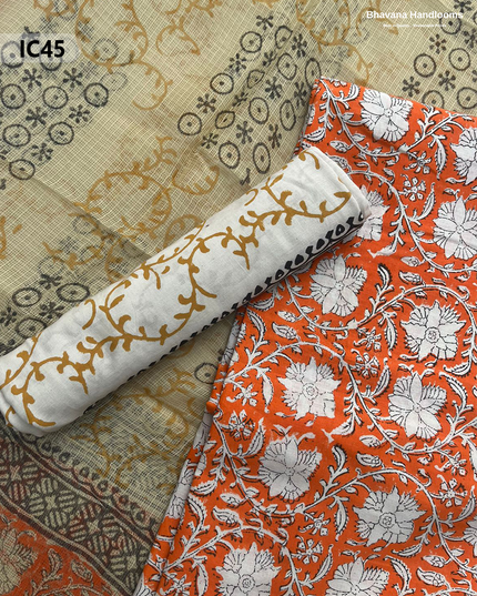 Premium Jaipur Cotton Dress Material with Soft Kota Dupatta with Orange Colour Top