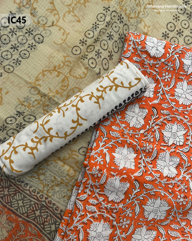 Premium Jaipur Cotton Dress Material with Soft Kota Dupatta with Orange Colour Top