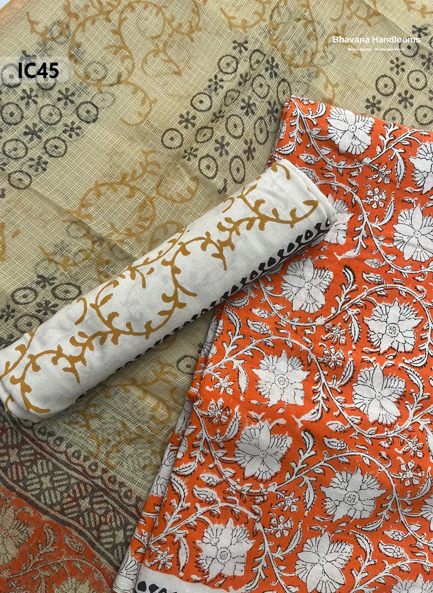 Premium Jaipur Cotton Dress Material with Soft Kota Dupatta with Orange Colour Top