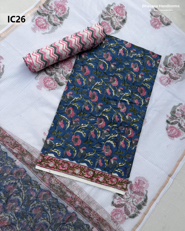 Premium Jaipur Cotton Dress Material with Soft Kota Dupatta with Dark Blue Colour Top