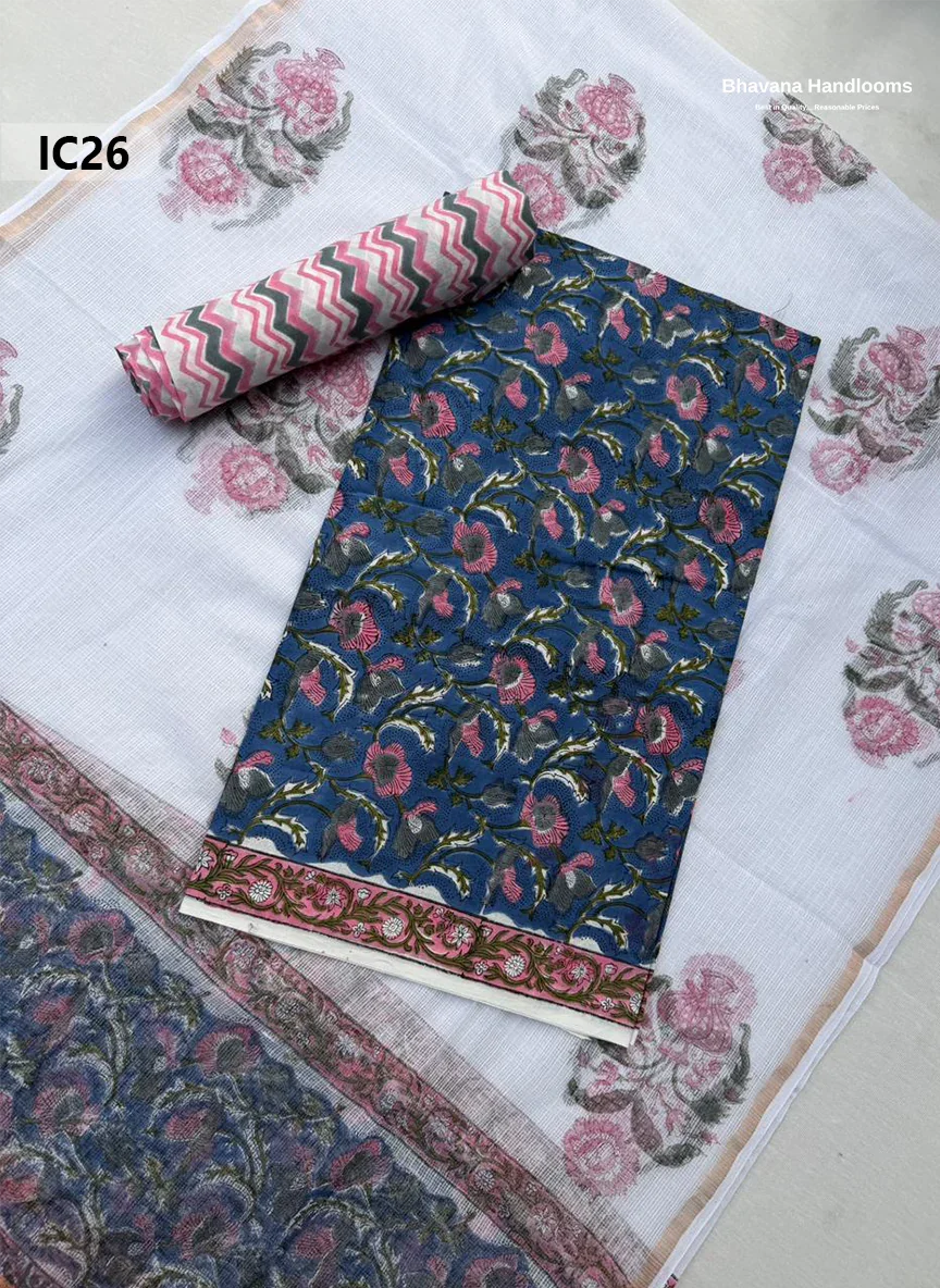 Premium Jaipur Cotton Dress Material with Soft Kota Dupatta with Dark Blue Colour Top