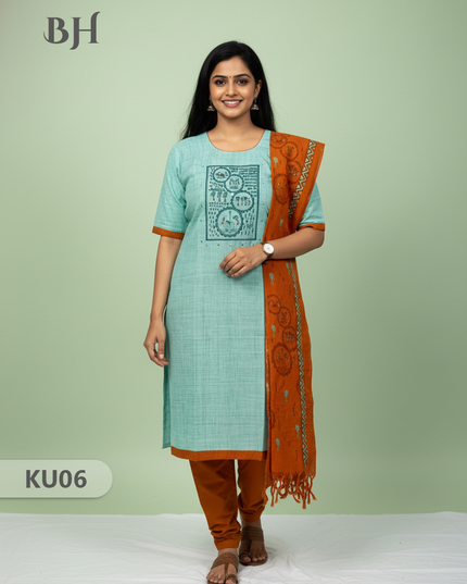 Sky Blue Stitched 3 Piece Kurti Set with Full Length Lining – Traditional Wear for Women