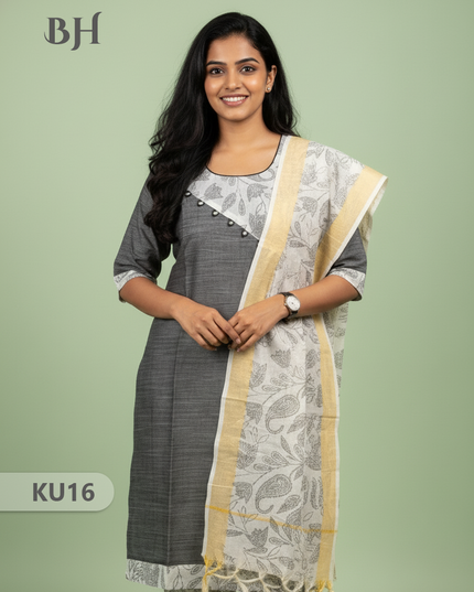 Gray Stitched 3 Piece Kurti Set with Full Length Lining – Traditional Wear for Women