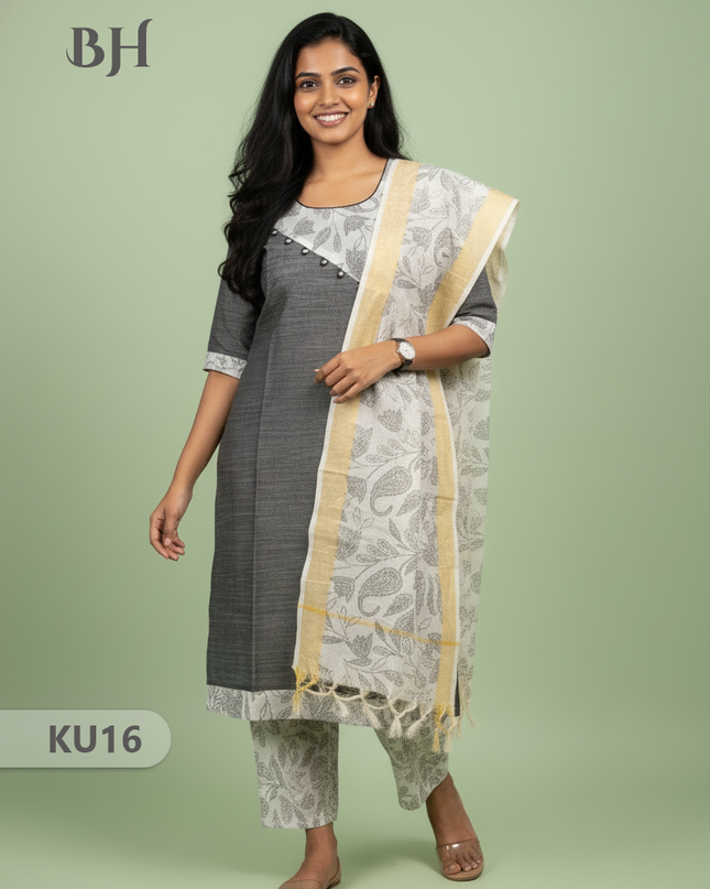 Gray Stitched 3 Piece Kurti Set with Full Length Lining – Traditional Wear for Women