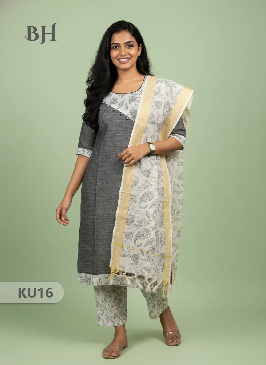 Gray Stitched 3 Piece Kurti Set with Full Length Lining – Traditional Wear for Women