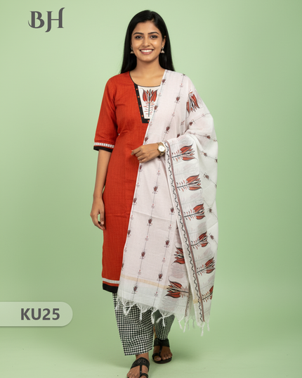 Orange Stitched 3 Piece Kurti Set with Full Length Lining – Traditional Wear for Women