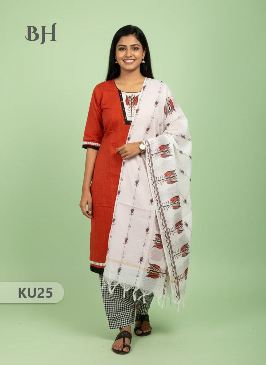 Orange Stitched 3 Piece Kurti Set with Full Length Lining – Traditional Wear for Women