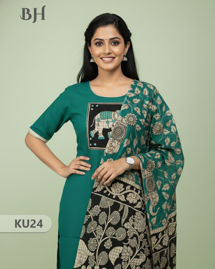 Dark Green Stitched 3 Piece Kurti Set with Full Length Lining – Traditional Wear for Women