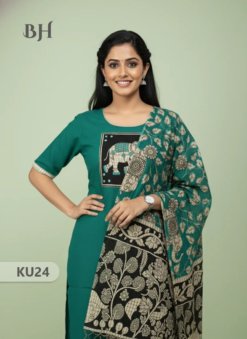 Dark Green Stitched 3 Piece Kurti Set with Full Length Lining – Traditional Wear for Women