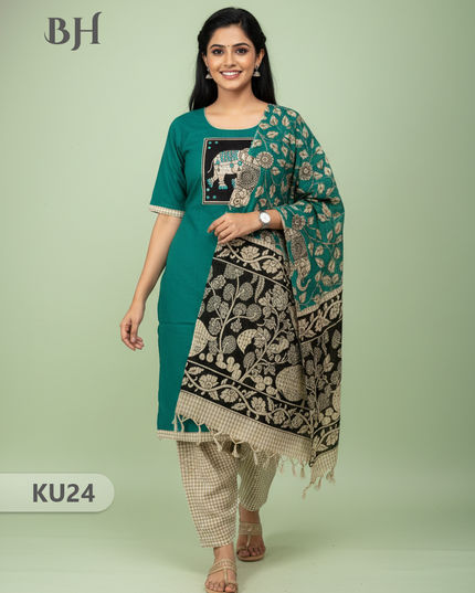 Dark Green Stitched 3 Piece Kurti Set with Full Length Lining – Traditional Wear for Women
