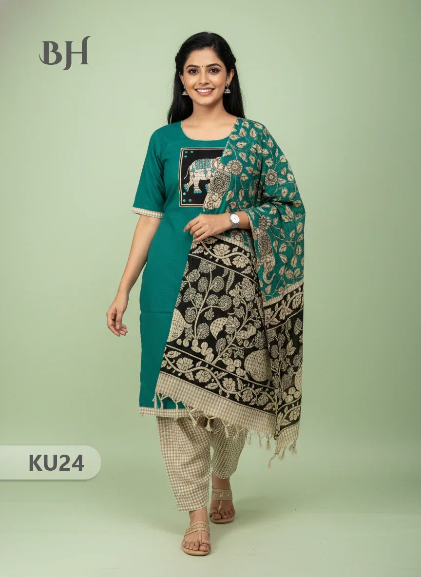 Dark Green Stitched 3 Piece Kurti Set with Full Length Lining – Traditional Wear for Women