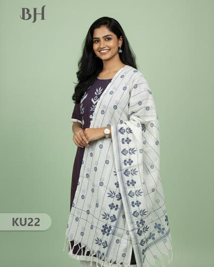 Pure Cotton Stitched 3 Piece Kurti Set with Full Length Lining – Sky Blue & Brown Double weaving