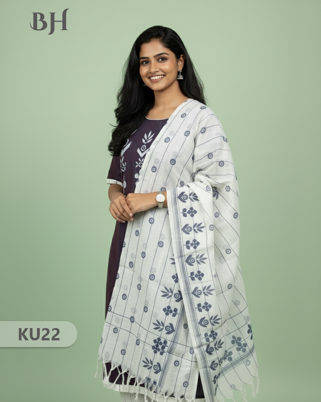 Pure Cotton Stitched 3 Piece Kurti Set with Full Length Lining – Sky Blue & Brown Double weaving