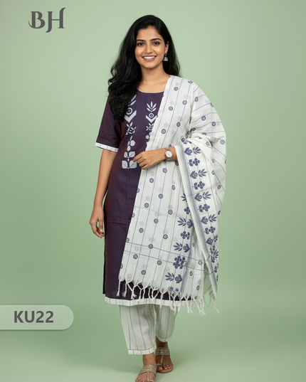 Pure Cotton Stitched 3 Piece Kurti Set with Full Length Lining – Sky Blue & Brown Double weaving